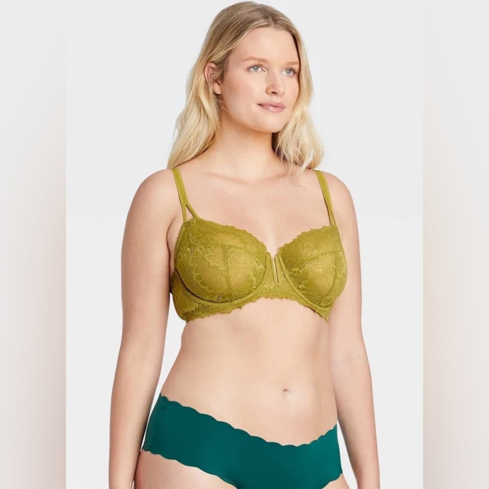Auden Lace & Mesh Olive Green Balconette Demi Unl… - image 3